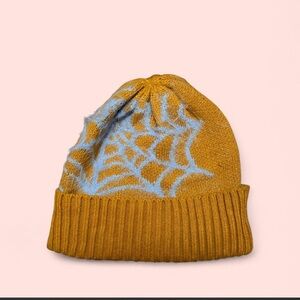 Women’s Mustard Yellow Spiderweb Knit Beanie Hat